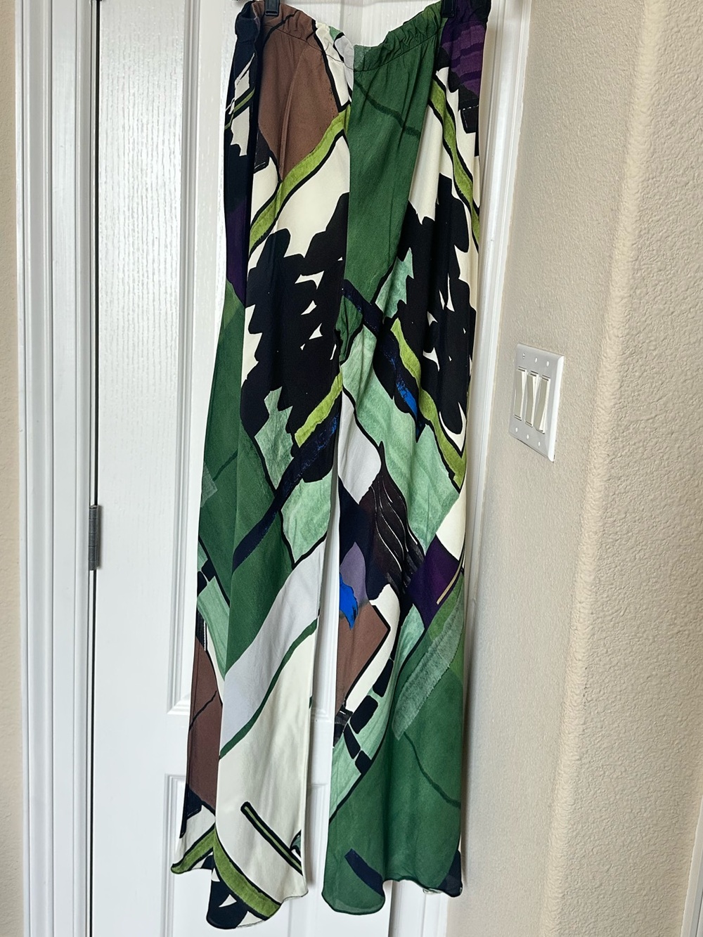 Zara Abstract Wide-Leg Pants in Green, White, Blue & Brown